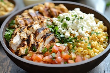 Mediterranean chicken shawarma pasta salad with hummus and feta