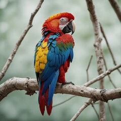 Obraz premium A vibrant macaw with red, blue, and yellow feathers perched on a white branch.