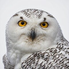 Obraz premium A snowy owl with piercing yellow eyes perched in the middle of a white background.