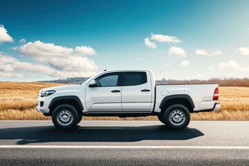Modern powerful four door pickup truck in white shown from the side on the road unoccupied