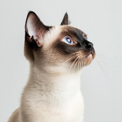 Siamese cat with striking blue eyes gazing upwards, showcasing elegance and curiosity