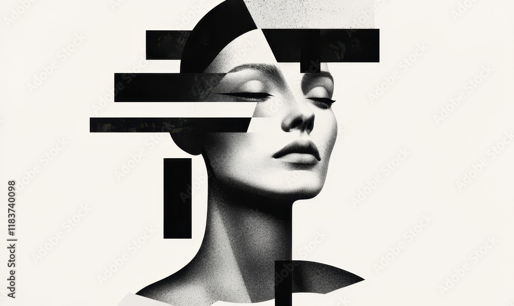 Poster monochrome surreal portrait with geometric patterns and abstract fragments