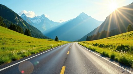 Naklejka premium Asphalt road leading through a sun-drenched alpine meadow towards majestic mountains