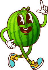 Groovy cartoon walking watermelon cheerful character. Summer dessert cute groovy isolated vector character, delicious fruit funny mascot. Fresh and juicy watermelon happy personage pointing finger up