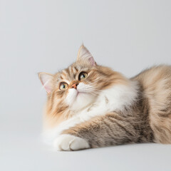 Fluffy cat with striking eyes lying on light background, looking up