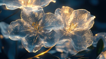 Glass Bougainvillea flower, abstract floral glassmorphism wallpaper, translusent and luminous effect on dark background