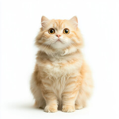 Obraz premium Fluffy orange cat with large eyes sitting against white background, exuding curiosity and charm