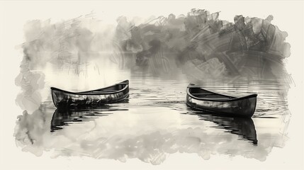 Two rustic boats peacefully floating on calm waters, surrounded by misty scenery, perfect for tranquil travel imagery.