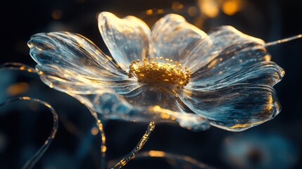Glass Calendula flower, abstract floral glassmorphism wallpaper, translusent and luminous effect on dark background