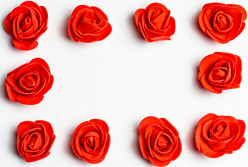 Banner frame with red roses on white background. Place for your text. Valentines day. Weddings day.