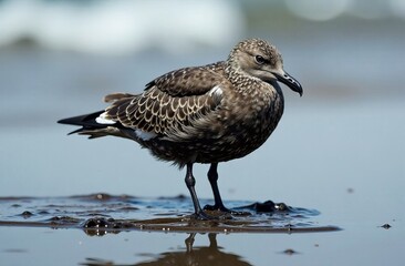 Obraz premium A bird on the shore in fuel oil, an environmental disaster, an oil spill in the sea.