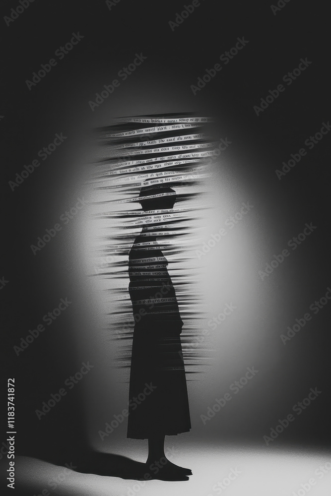 Poster monochrome silhouette with distorted light streaks creating a mysterious atmosphere