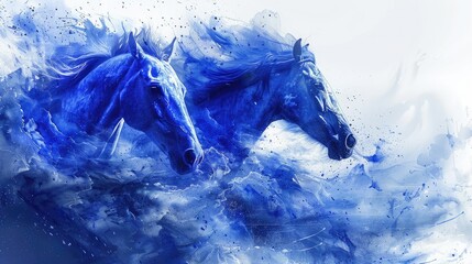 Abstract depiction of blue horses galloping through swirling waves of color.