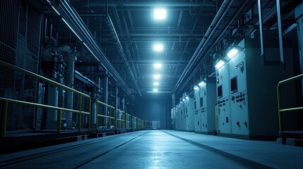 Obraz premium A dimly lit industrial corridor with overhead lights, showcasing machinery and equipment along the walls, creating an eerie yet fascinating atmosphere.