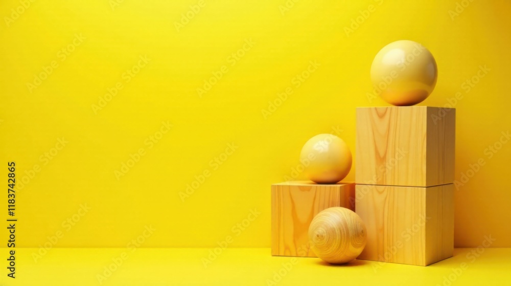 Poster abstract composition of spheres and wooden blocks on yellow background