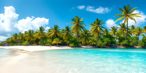 Tropical paradise, pristine white sandy beach, crystal clear turquoise water, lush palm trees, vibrant blue sky, fluffy white clouds, idyllic Caribbean island, serene oceanscape, sun-drenched 