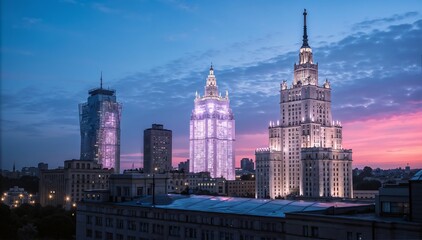 Obraz premium Illuminated skyscrapers against a twilight cityscape