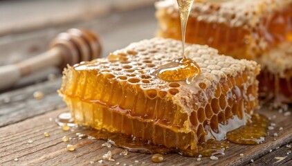 Fresh honeycomb dripping with golden honey