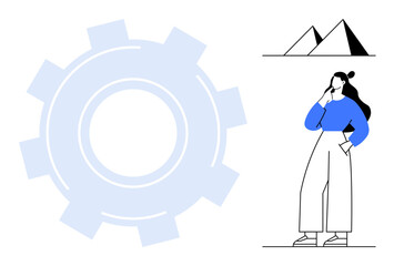 Large blue gear overlapping with a person in blue pondering next to minimalist triangles. Ideal for problem-solving, creativity, innovation, technical thinking, strategic planning, human cognition