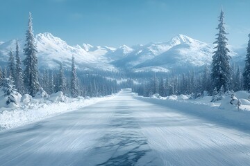 Fototapeta premium Winter Wonderland Road Through Snowy Mountain Landscape