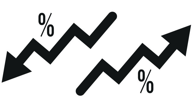  Percent arrow icon. Growth, increase, decrease arrow filled icons. Up arrows, down arrows. Vector