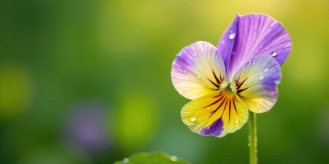 Fototapeta premium A Single Pansy Blossom with Dew Drops on Petals in Soft Sunlight