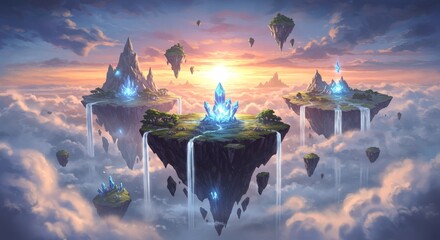 Majestic Floating Islands with Crystalline Structures and Waterfalls at Sunset