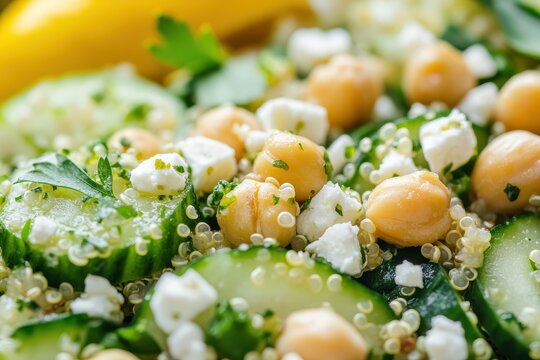 Nutritious quinoa salad featuring cucumber herbs pistachios chickpeas feta lemon juice and olive oil known as Jennifer Aniston s salad crisp refreshing and rich