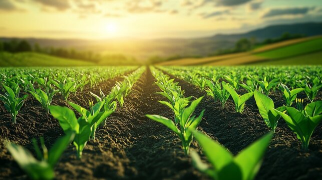 Rows of green crops stretch across a vast rural farmland, symbolizing growth and the cycle of nature in agriculture. The organic plants thrive under the open sky, ready for the upcoming harvest.