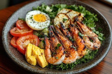 Nutritious salad dish New seafood meal Barbecued shrimp with fresh veggies and egg Grilled prawns Wholesome cuisine Overhead shot