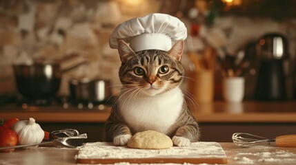 A cute cat wearing a chef's hat, sitting at a kitchen counter with dough and flour, ready to bake.