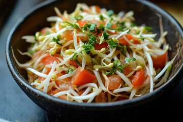 Nutritious salad featuring mung bean sprouts diced onion tomato and boiled potato
