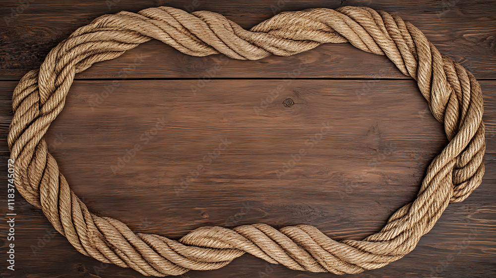 Poster nautical background with the rope shaped as a frame on wood background