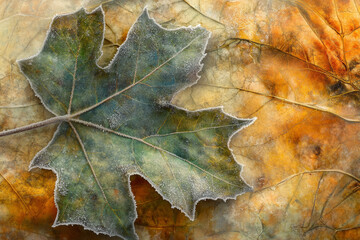 Close-up of frost on a green leaf with autumn leaves blurred in the background.