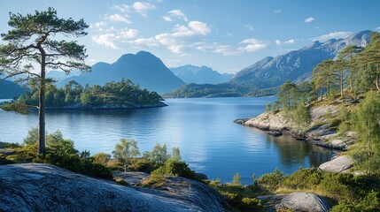 Fototapeta premium A breathtaking view of a serene lake surrounded by towering mountains and lush green hills, perfect for nature lovers and tourists seeking tranquility and beauty in an idyllic outdoor landscape.