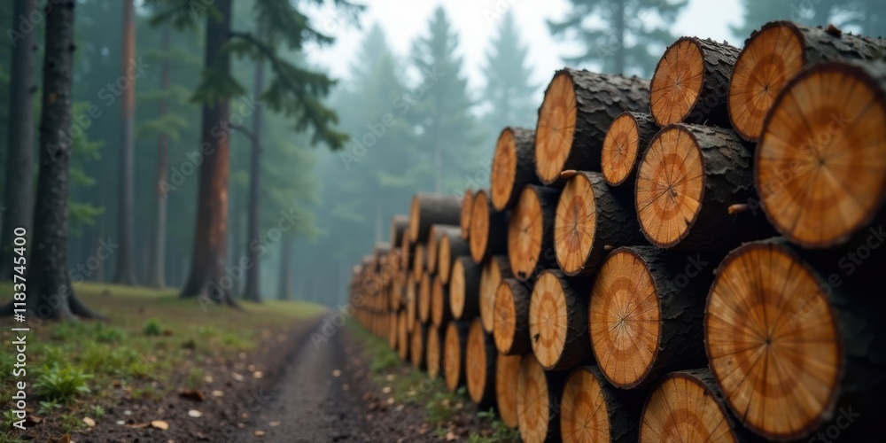 Aufkleber Forest Logging A Stack of Cut Logs in a Misty Woodland Setting
