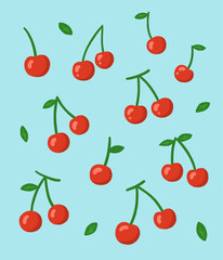 Pattern illustration with cherries and leaves on a blue background