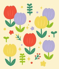 Cute Tulip flower and leaf pattern illustration