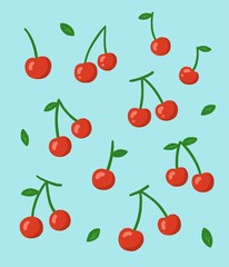 Pattern illustration with cherries and leaves on a blue background