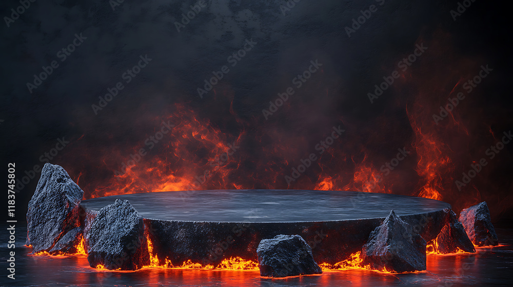 Poster podium lava rocks smelt on volcano with magma and lava erupt, stage for product display, blank showc