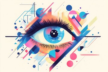 A stylized illustration of an eye surrounded by geometric shapes and vibrant colors, representing vision and insight 