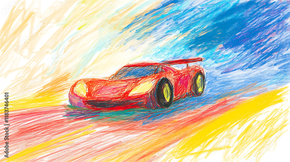Poster racing car zooming around a track 4 year old's simple scribble colorful juvenile crayon outline draw