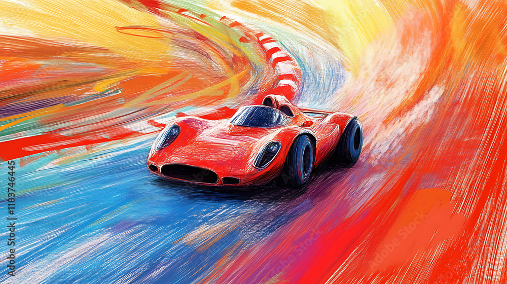 Poster racing car zooming around a track 4 year old's simple scribble colorful juvenile crayon outline draw