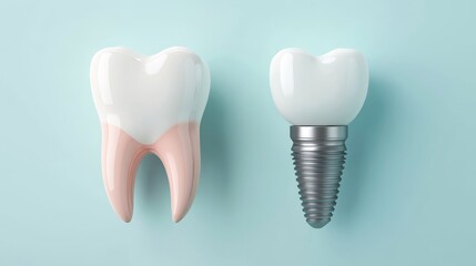 Exploring the contrast between natural teeth and dental implants, this representation highlights advancements in dental treatment and the importance of oral hygiene.