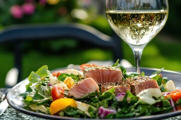 Outdoor ahi tuna salad with wine