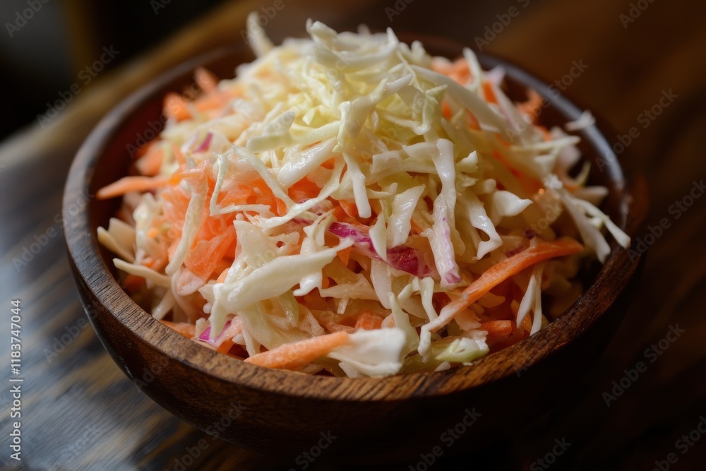 Poster Overhead shot of a fresh coleslaw in a wooden bowl featuring shredded red and white cabbage and carrots illuminated by natural light