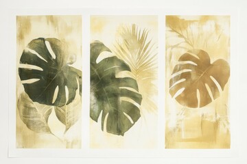 A trio of abstract prints with monstera leaves and tropical plants, combining natural tones of beige, green, and soft yellow. 