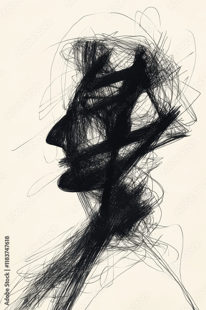 Poster abstract sketch portrait in monochrome with raw expressive lines