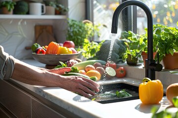 Hands washing vegetables under running water in a bright kitchen
