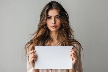 Naklejka premium Beautiful woman holding blank paper for advertising
